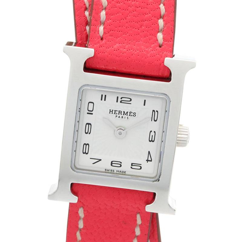 愛馬仕 H-Watch Mini 雙圈腕錶,不鏽鋼錶殼,皮革錶帶,女士款,白色 (HH1.110)-0