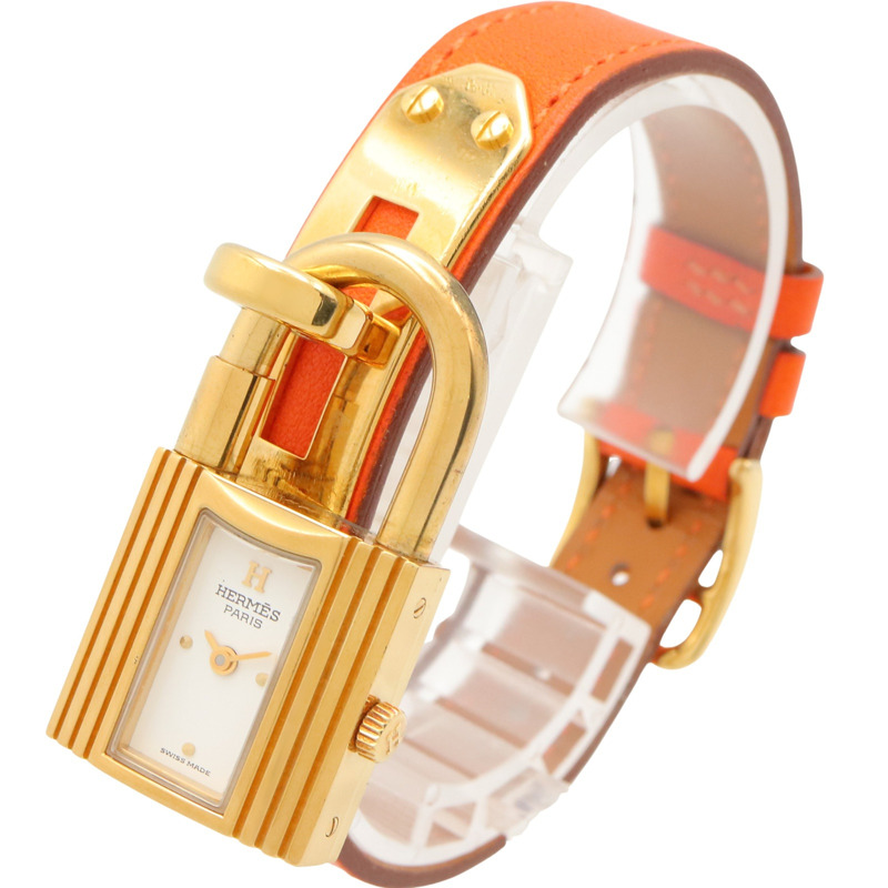 愛馬仕 Kelly 女士腕錶,鍍金 (GP),皮革錶帶,白色,KE1.201-1