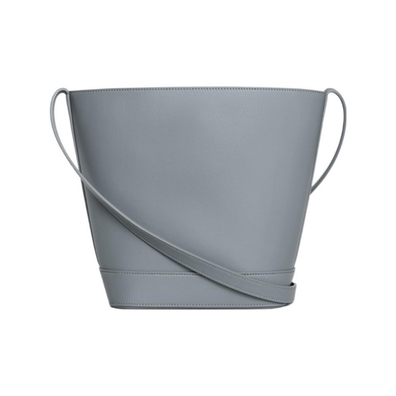 CELINE賽琳 Bucket 凱旋門標誌按扣開合光滑牛皮革水桶包單肩斜挎包 小號 女款 藍灰色-6