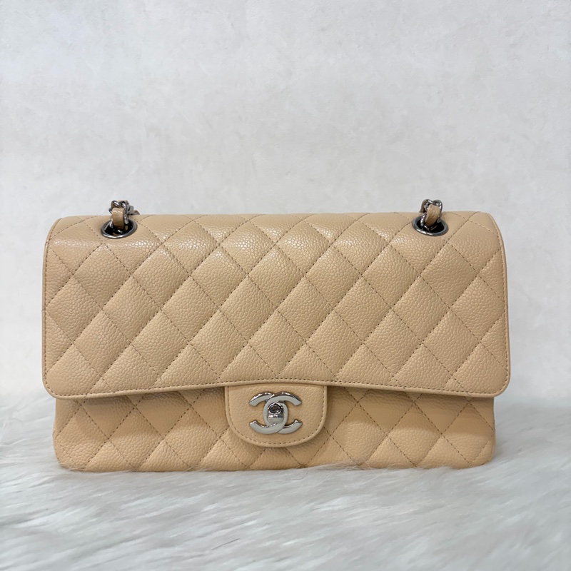 CHANEL A01112 coco 25 CF 奶茶色 膚色 荔枝皮 銀鍊 肩背包 口蓋包-0
