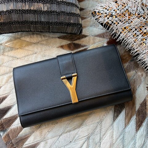 YSL Y字金釦手拿包 黑色