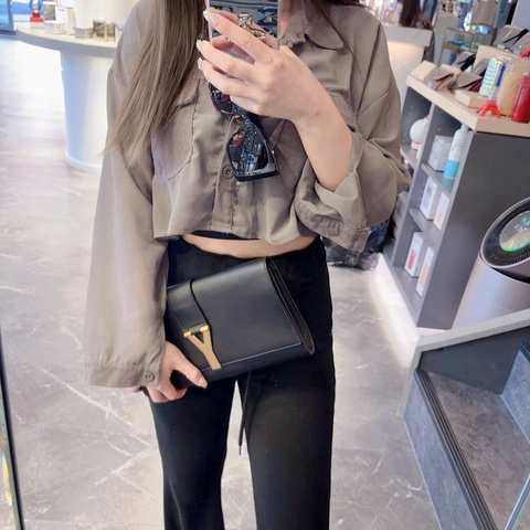 YSL Y字金釦手拿包 黑色