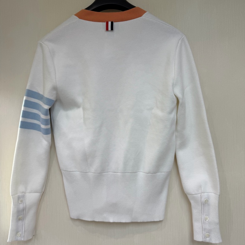 THOM BROWNE 4-Bar 針織開襟衫白色橙色滾邊XB914-1