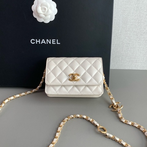 💎Chanel香奈兒｜23B白色珠光荔枝皮ot扣｜mini風琴woc鏈條包｜芯片款98新