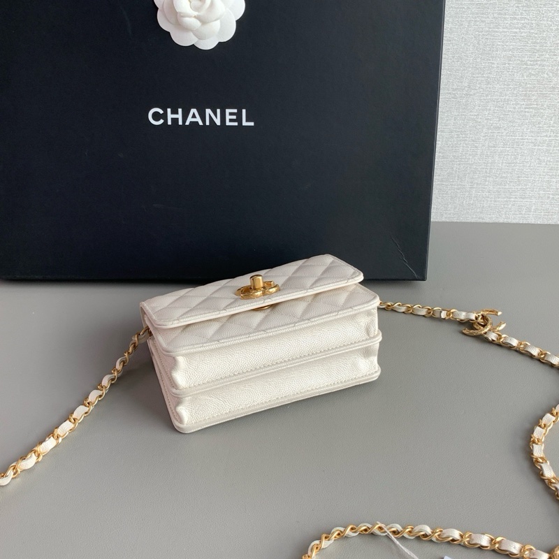 💎Chanel香奈兒｜23B白色珠光荔枝皮ot扣｜mini風琴woc鏈條包｜芯片款98新-4