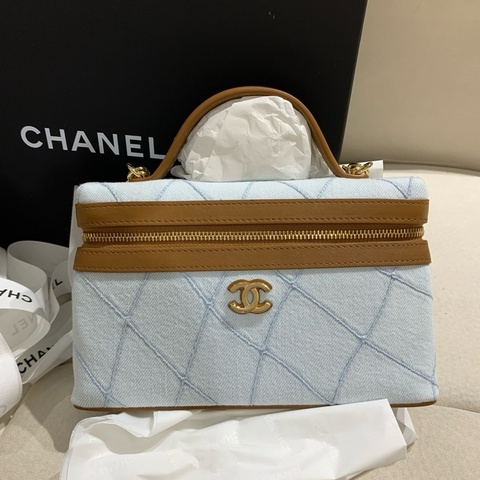 Chanel 香奈兒 lp飯盒手提包斜挎包化妝包 丹寧牛仔 淡藍色 金扣 26年票全新✅正品