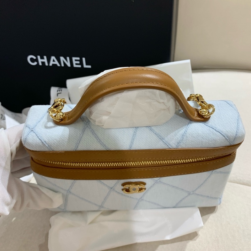 Chanel 香奈兒 lp飯盒手提包斜挎包化妝包 丹寧牛仔 淡藍色 金扣 26年票全新✅正品-1
