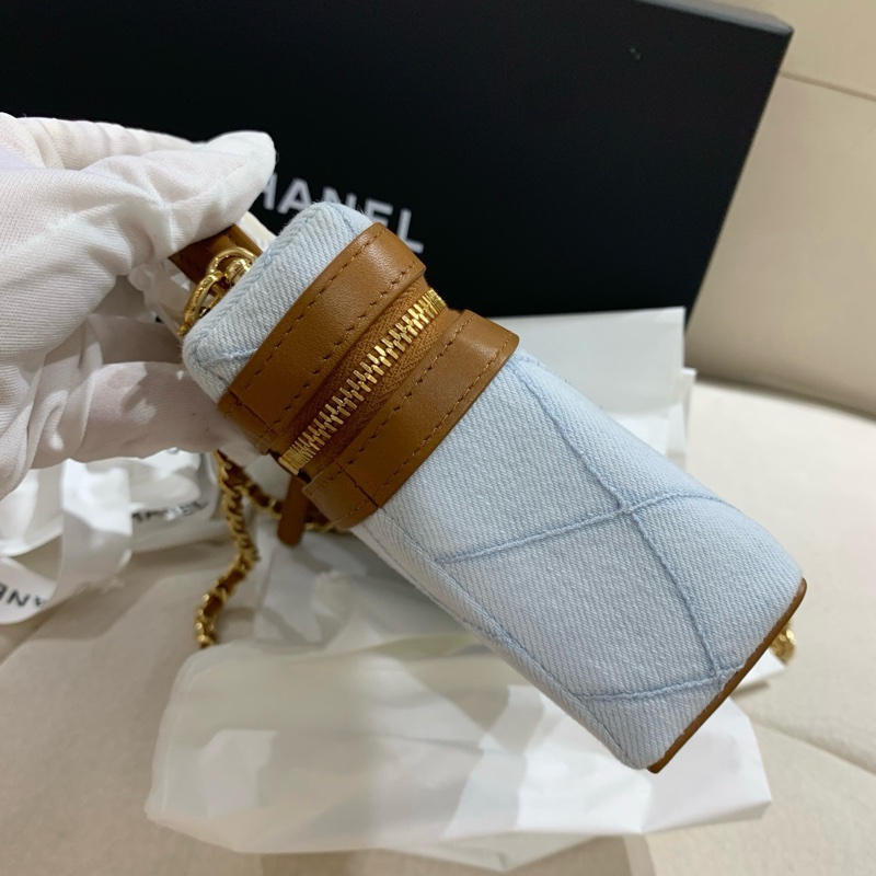 Chanel 香奈兒 lp飯盒手提包斜挎包化妝包 丹寧牛仔 淡藍色 金扣 26年票全新✅正品-2