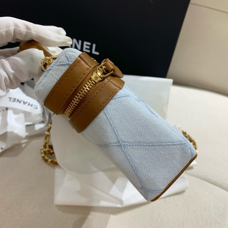 Chanel 香奈兒 lp飯盒手提包斜挎包化妝包 丹寧牛仔 淡藍色 金扣 26年票全新✅正品-3