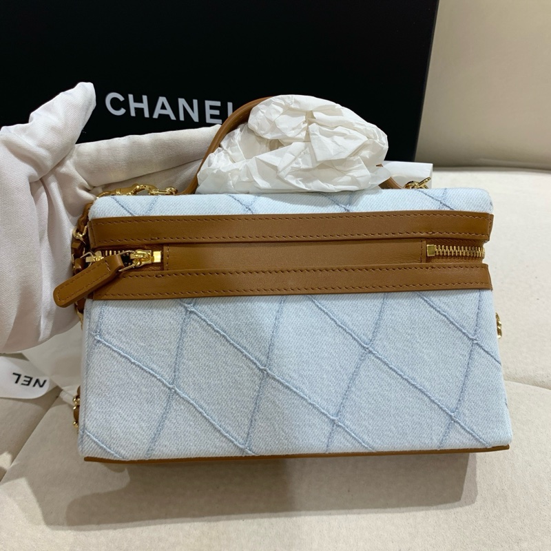 Chanel 香奈兒 lp飯盒手提包斜挎包化妝包 丹寧牛仔 淡藍色 金扣 26年票全新✅正品-4