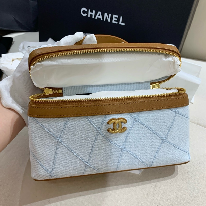 Chanel 香奈兒 lp飯盒手提包斜挎包化妝包 丹寧牛仔 淡藍色 金扣 26年票全新✅正品-6