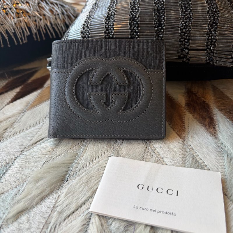 GUCCI 皮革拼PVC雙G對開短夾/灰-1