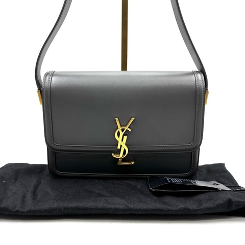 YSL聖羅蘭 SOLFERINO Box 金標Logo 皮革 豆腐包單肩斜挎包 可調節肩帶 灰色 中號 女款