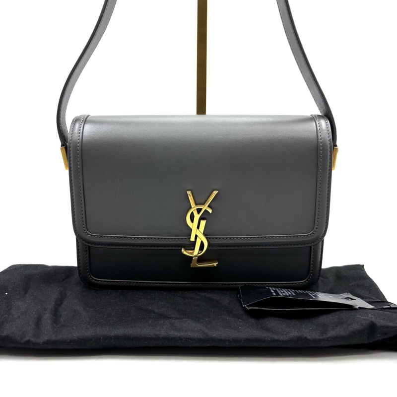 YSL聖羅蘭 SOLFERINO Box 金標Logo 皮革 豆腐包單肩斜挎包 可調節肩帶 灰色 中號 女款-0
