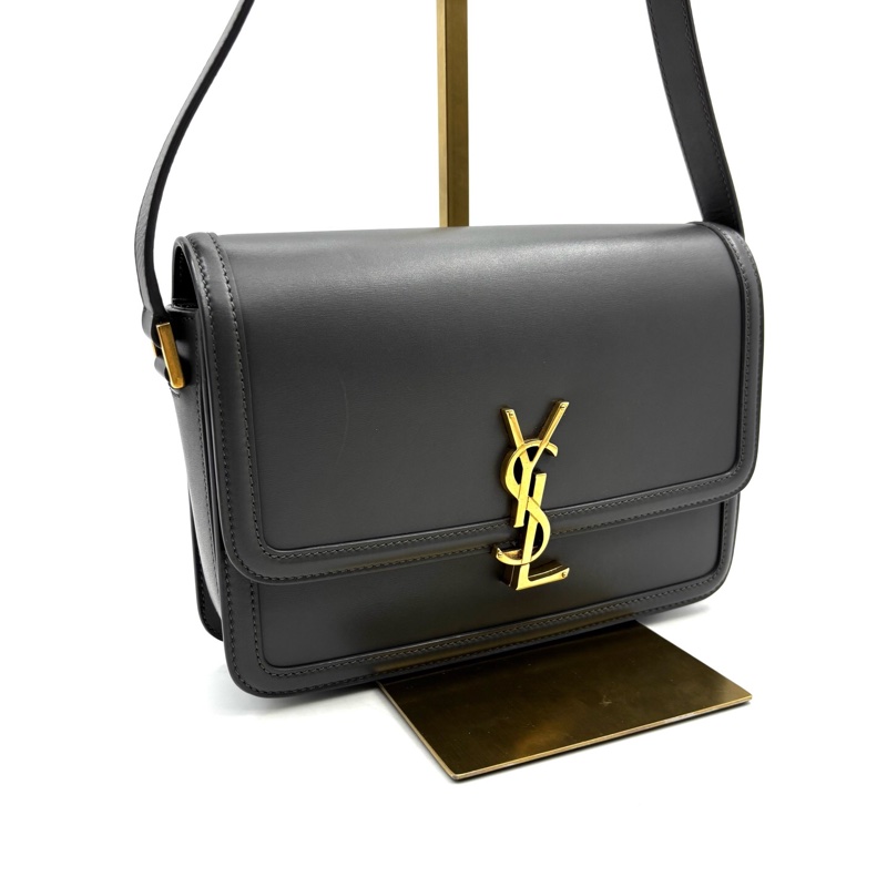 YSL聖羅蘭 SOLFERINO Box 金標Logo 皮革 豆腐包單肩斜挎包 可調節肩帶 灰色 中號 女款-2