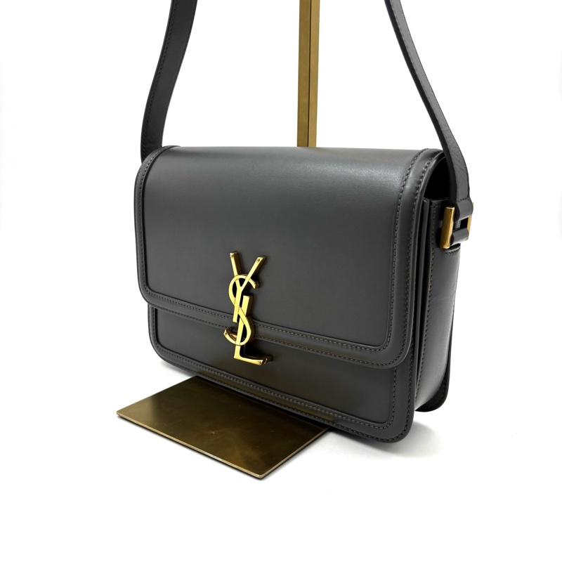 YSL聖羅蘭 SOLFERINO Box 金標Logo 皮革 豆腐包單肩斜挎包 可調節肩帶 灰色 中號 女款-3