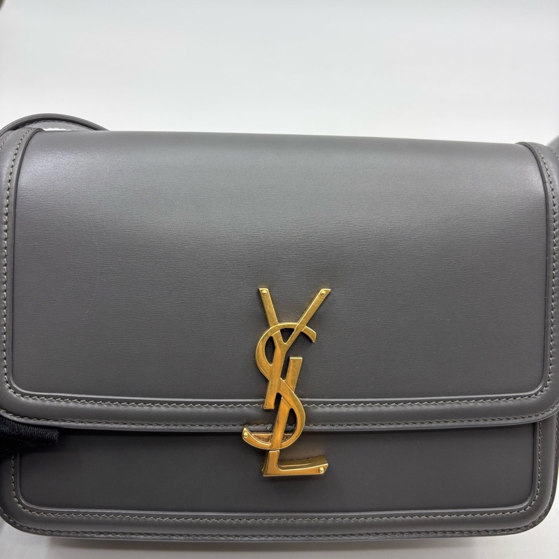 YSL聖羅蘭 SOLFERINO Box 金標Logo 皮革 豆腐包單肩斜挎包 可調節肩帶 灰色 中號 女款-9