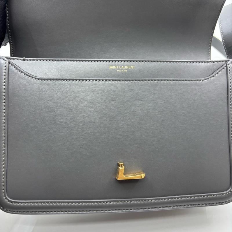 YSL聖羅蘭 SOLFERINO Box 金標Logo 皮革 豆腐包單肩斜挎包 可調節肩帶 灰色 中號 女款-12