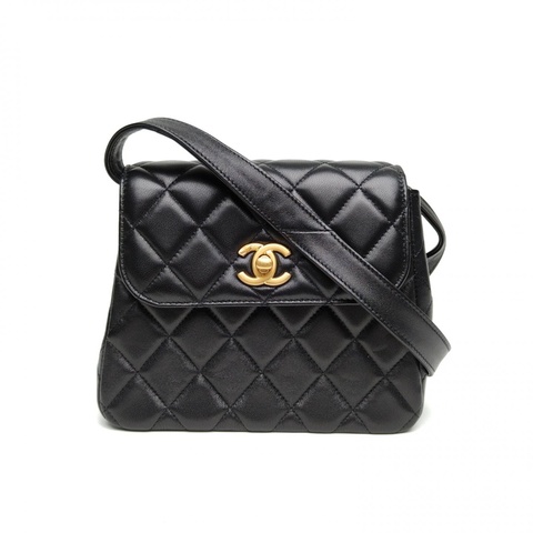 CHANEL 黑色羊皮鐳射標金扣25A羊皮小方包單肩包