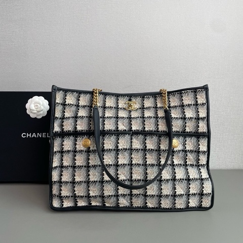 💎Chanel香奈兒｜22K黑白格子毛呢托特包｜芯片款98新
