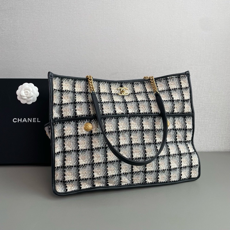 💎Chanel香奈兒|22K黑白格子毛呢托特包|芯片款98新-2