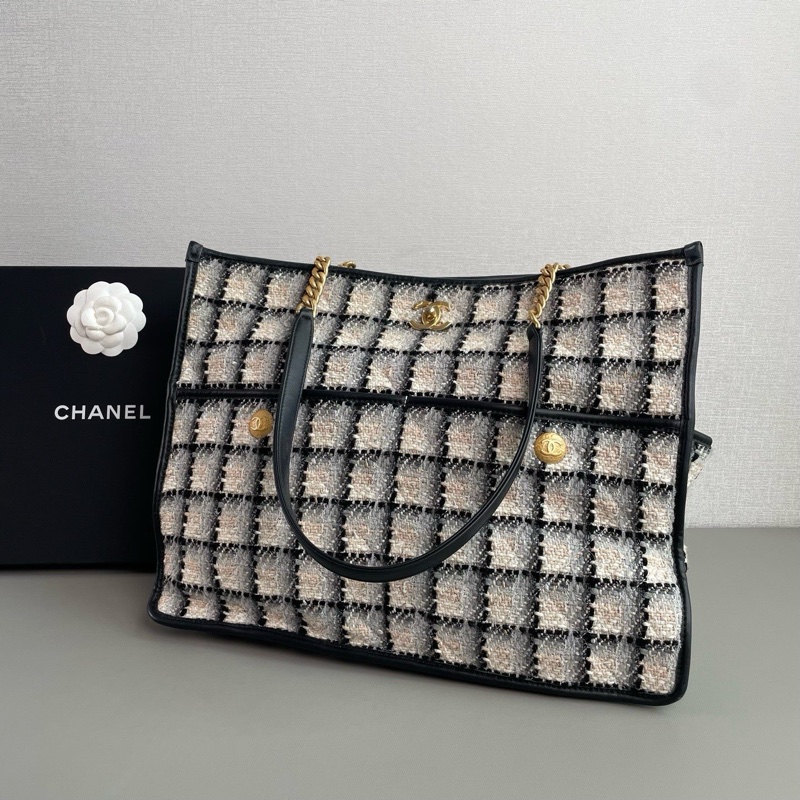 💎Chanel香奈兒|22K黑白格子毛呢托特包|芯片款98新-3