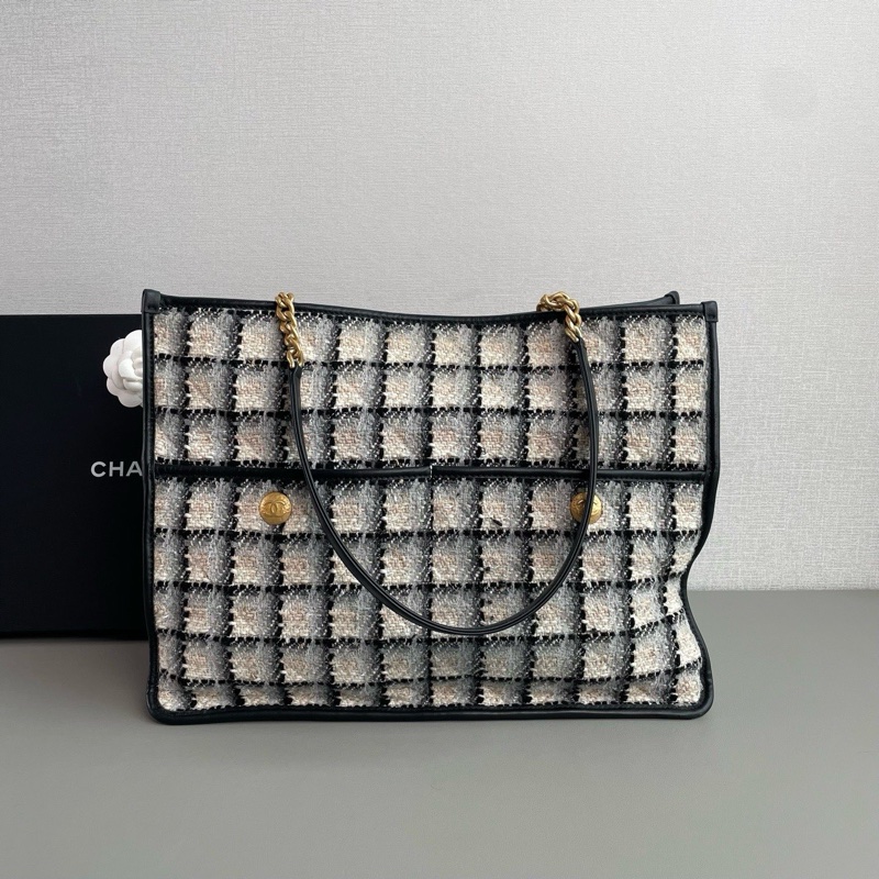 💎Chanel香奈兒|22K黑白格子毛呢托特包|芯片款98新-4