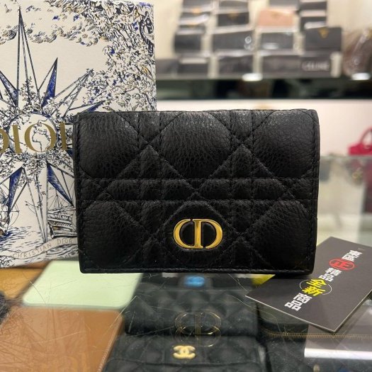 東區正精品㊣DIOR S5132UWHC Caro Glycine全新黑色柔軟籐格紋小牛皮錢包零錢包卡片夾 RZ6448-0