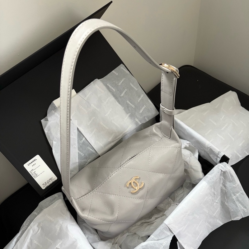 ✨全新大全套CHANEL/香奈兒 26P飯盒包 hobo 腋下包單肩包肩背包 灰色羊皮Jennie 同款 ❤️正品-0