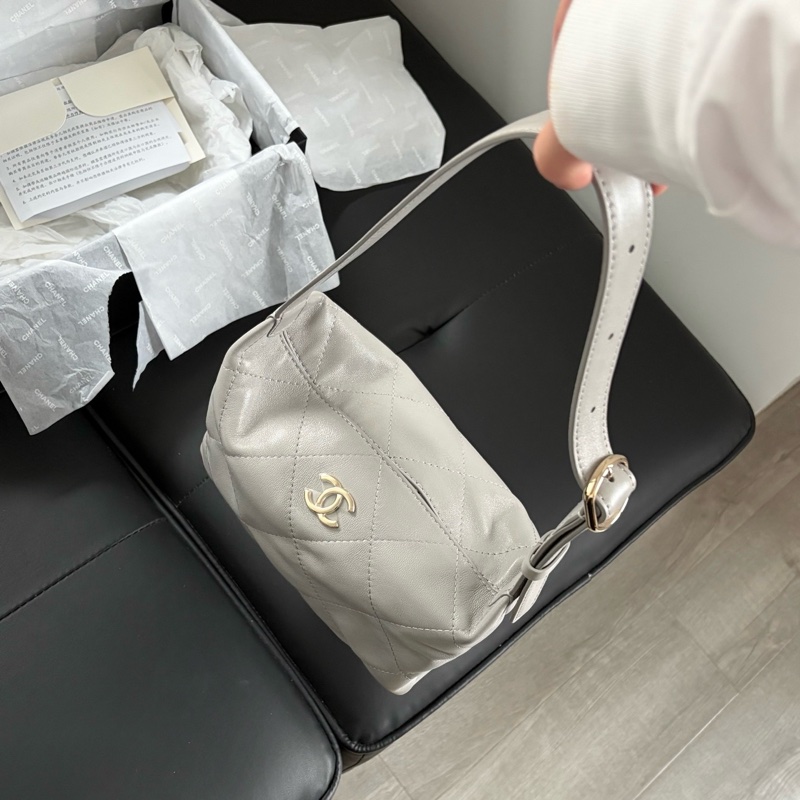 ✨全新大全套CHANEL/香奈兒 26P飯盒包 hobo 腋下包單肩包肩背包 灰色羊皮Jennie 同款 ❤️正品-4