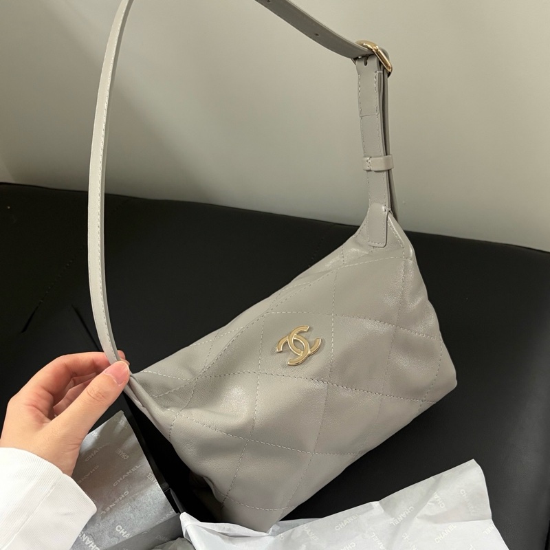 ✨全新大全套CHANEL/香奈兒 26P飯盒包 hobo 腋下包單肩包肩背包 灰色羊皮Jennie 同款 ❤️正品-5