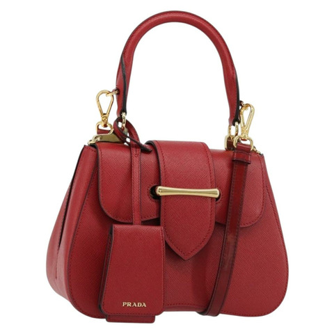 PRADA 手提包 Safiano 皮革 2way 紅色金色 Auth 181893V