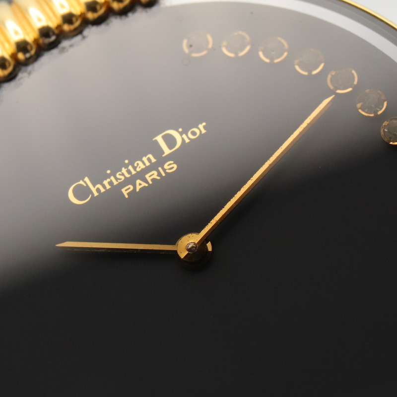 Christian Dior Dior Baghira腕錶，鍍金（GP），鑲鑽，皮革錶帶，女士，黑色，L47.153.3-8