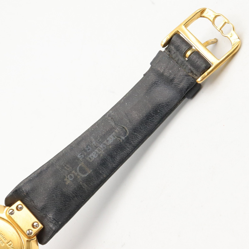 Christian Dior Dior Baghira腕錶，鍍金（GP），鑲鑽，皮革錶帶，女士，黑色，L47.153.3-12