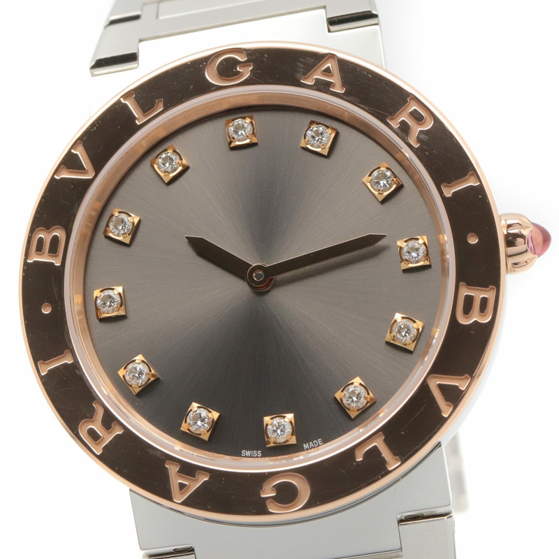 寶格麗 (BVLGARI) 女士腕錶，12 鑽，18K 玫瑰金 (PG) 精鋼，灰色錶盤，型號 BBP33SG-2