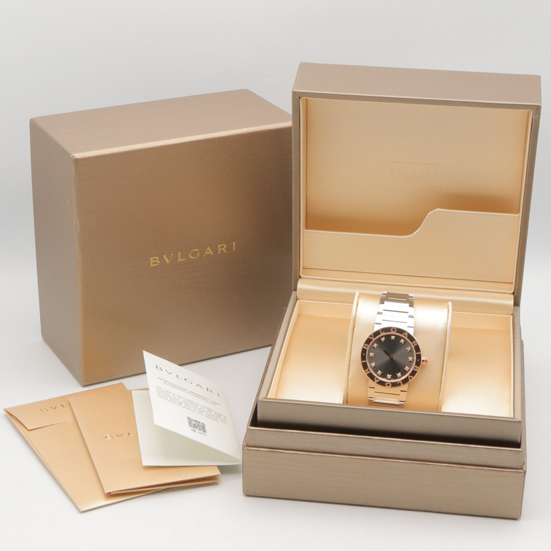寶格麗 (BVLGARI) 女士腕錶，12 鑽，18K 玫瑰金 (PG) 精鋼，灰色錶盤，型號 BBP33SG-9