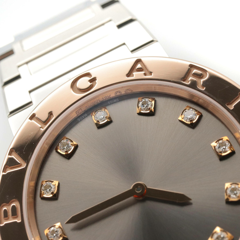 寶格麗 (BVLGARI) 女士腕錶，12 鑽，18K 玫瑰金 (PG) 精鋼，灰色錶盤，型號 BBP33SG-10