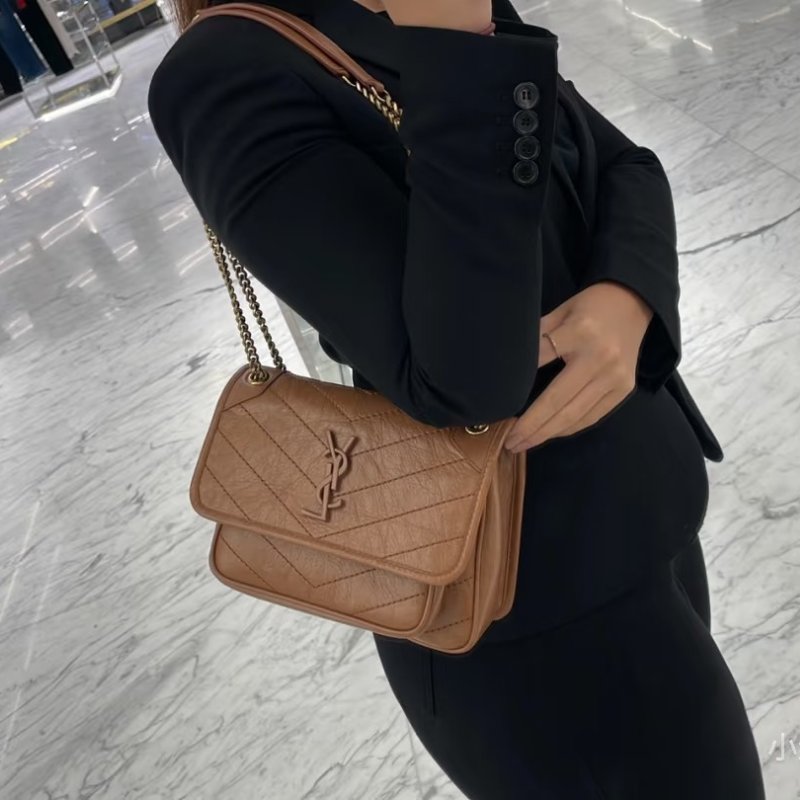 YSL 棕色Niki小號肩背斜背包 22*16*7 99新配件塵袋-0