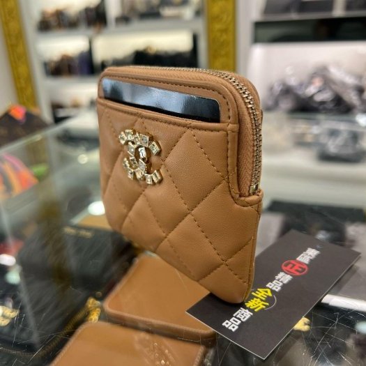 東區正精品㊣CHANEL 香奈兒焦糖色羊皮水鑽19拉鍊卡片夾零錢包吐司包 RZ6451-1