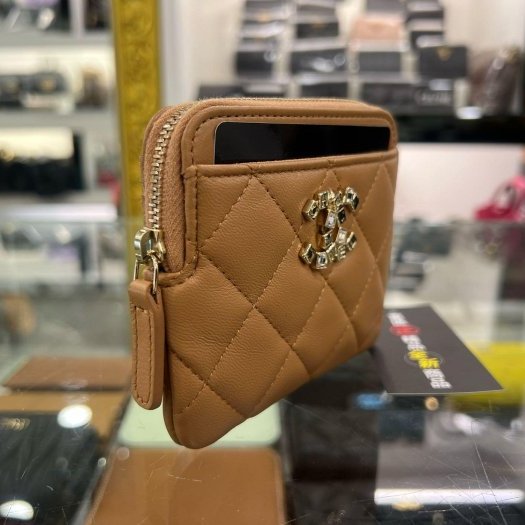 東區正精品㊣CHANEL 香奈兒焦糖色羊皮水鑽19拉鍊卡片夾零錢包吐司包 RZ6451-2