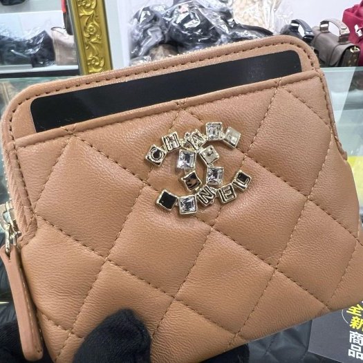 東區正精品㊣CHANEL 香奈兒焦糖色羊皮水鑽19拉鍊卡片夾零錢包吐司包 RZ6451-6