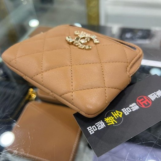 東區正精品㊣CHANEL 香奈兒焦糖色羊皮水鑽19拉鍊卡片夾零錢包吐司包 RZ6451-7