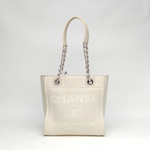 CHANEL 沙灘包購物包小號米色帆布晶片開銀扣肩背包