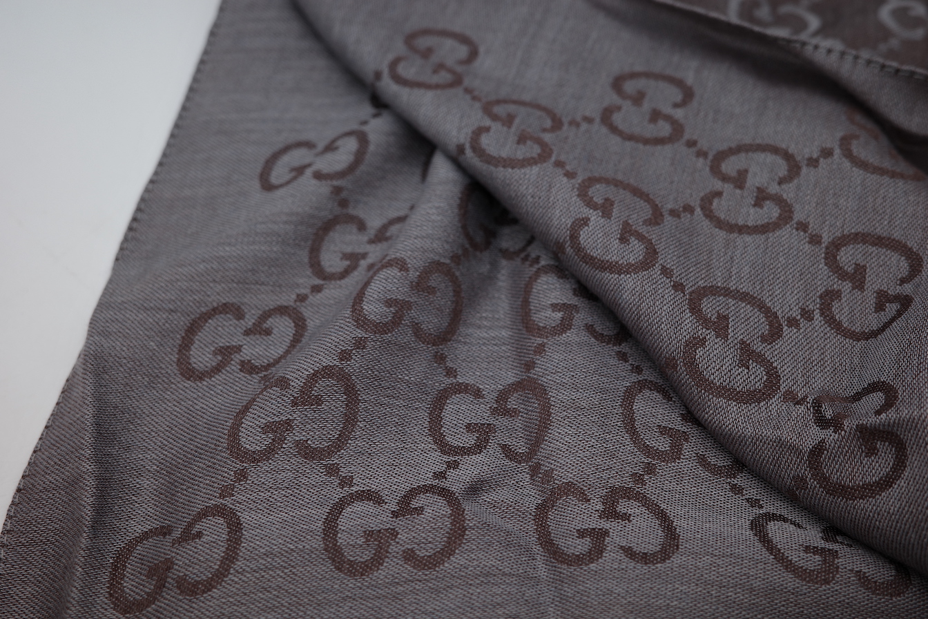Gucci 古馳 gg logo 褐色 羊毛 鬚邊 圍巾-3