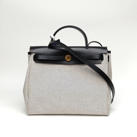 HERMES Herbag31白色拼黑色帆布/牛皮U刻金扣肩背包