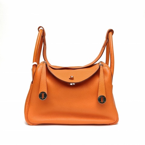 HERMES Lindy30愛馬仕橙TC皮框P銀扣刻肩背包