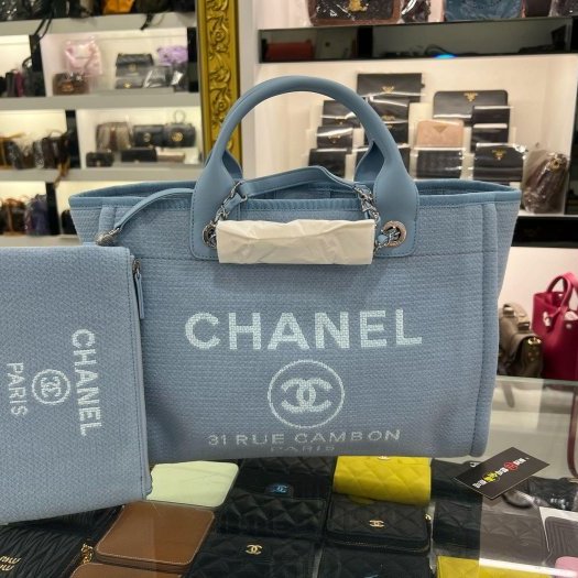 東區正精品㊣ CHANEL 全新香奈兒水藍色帆布沙灘包兩用包手提包肩背包購物袋中款RZ6463-0