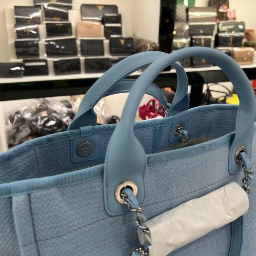 東區正精品㊣ CHANEL 全新香奈兒水藍色帆布沙灘包兩用包手提包肩背包購物袋中款RZ6463-7