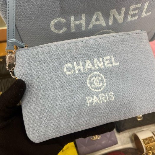 東區正精品㊣ CHANEL 全新香奈兒水藍色帆布沙灘包兩用包手提包肩背包購物袋中款RZ6463-13
