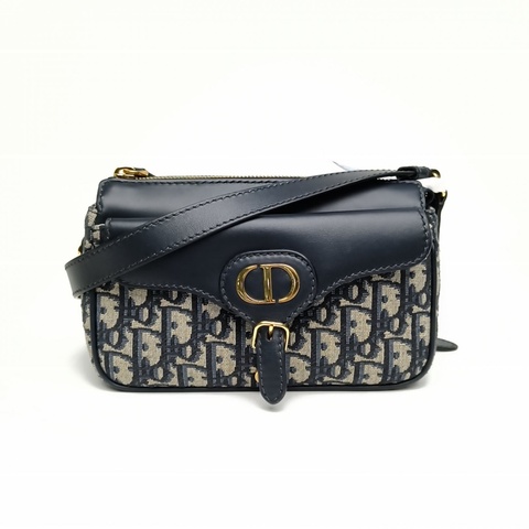 DIOR 藍色帆布金扣Montaigne經典老花波比包單肩斜跨包